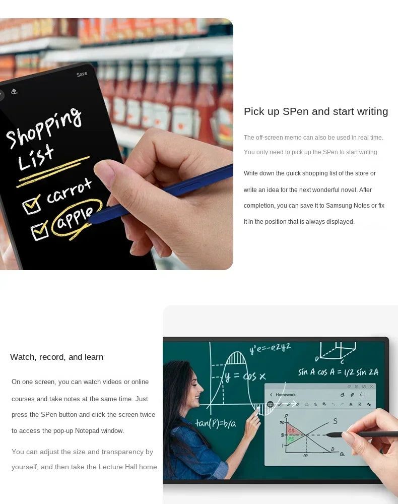 Galaxy Tab S10 Bluetooth stylus pen used for writing shopping list and drawing math diagrams on tablet screens