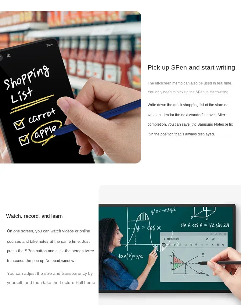 Samsung Galaxy Tab S8 S Pen Bluetooth being used to write a shopping list and take notes on a tablet screen