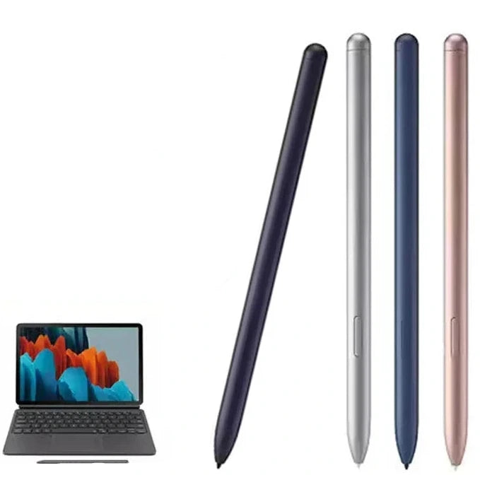 Samsung Galaxy Tab S8 S Pen Bluetooth in black silver blue and pink next to tablet with keyboard case